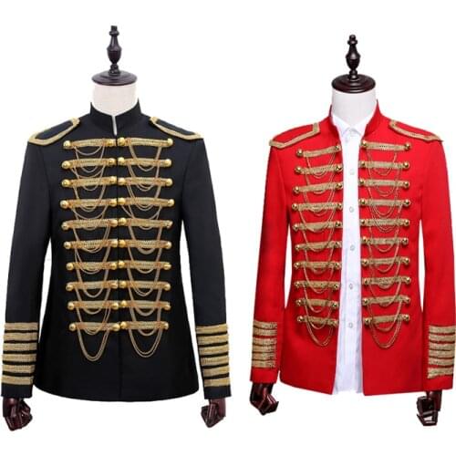 Standing Collar Metal Chain Personality Men Suit Blazer Jacket Palace Style Gala Party Stage Show Costume Military Uniform Coat