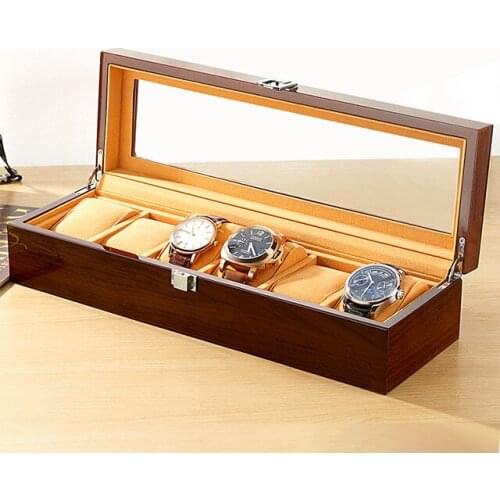 New 6 Grids Gift Boxes For Watch Storage And Packaging Fiber Wood Watches Display Box Case Brown Lint Glasses Jewelry Organizer
