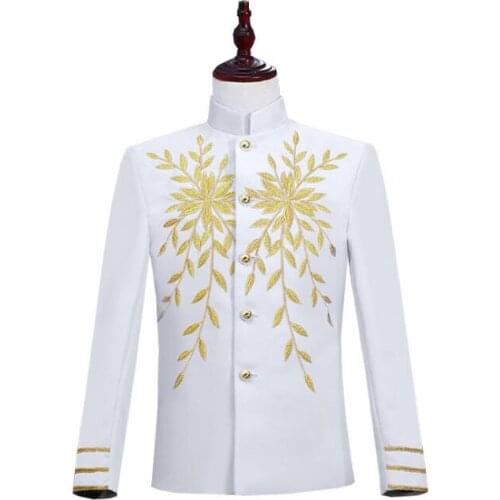 Embroidery clothes men suits designs homme terno stage costumes singers jacket men blazer dance star style stand collar white