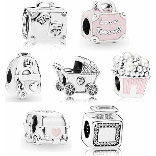 Original Baby Pram With Crystal Suitcase Silver Travel Popcorn Pearls Charms Fit Europe Bracelet 925 Sterling Silver Bead