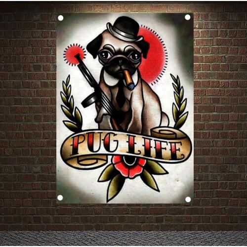 PUG LIFE Dog Tattoo Banners Vintage Canvas Painting Wall Art Print Posters Home Decor Mural Hanging Flags 4 Gromments in Corners