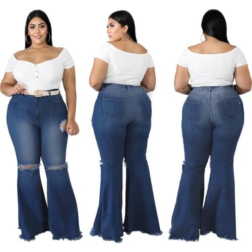 Plus Size XL-5XL Women Flare Jeans High Waist Fashion Holes Ripped Light Washed Big Size Female Bell Bottom Jeans Trousers Fall