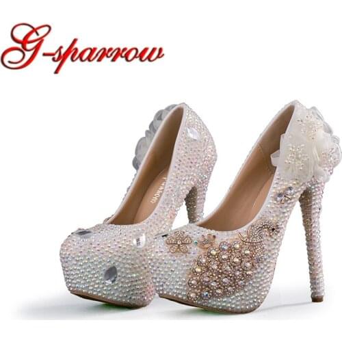 Luxurious Wedding Dress Shoes Crystal High Heel Shoes White Rhinestone Bride Wedding Ceremony Pumps Phoenix Banquet Prom Shoes