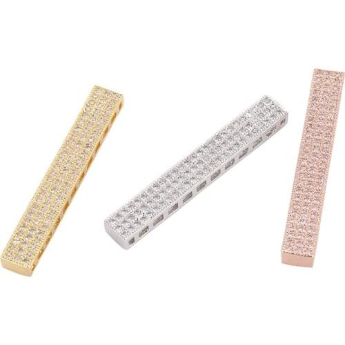 Rose Gold/Gold/Rhodium Color Long Flat Tube Beads Micro Paved CZ Spacer Tubes for DIY Necklaces Jewelry Making CHFT08