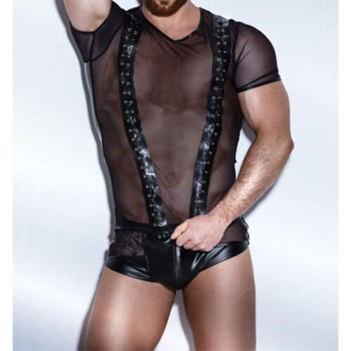 Sexy Lingerie EUROPE SEXY PVC RUBBER LATEX MENS T SHIRT EROTIC GAY VEST SUSPENDERS FETISH X6729
