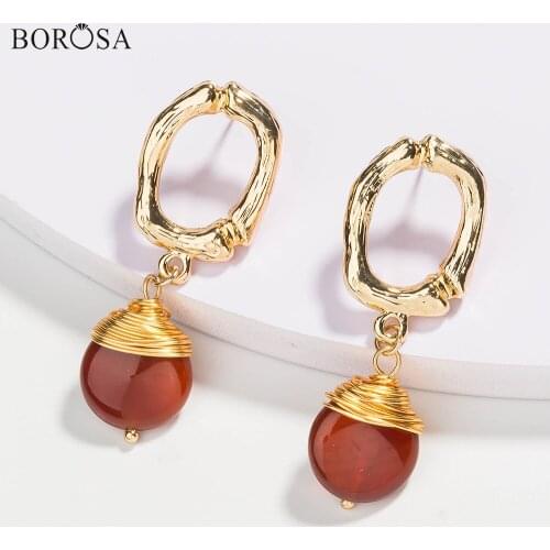 Handmade Wire Wrapped Natural Gems Stone Earring Chalcedonies Drop Earrings for Women Red Agates Statement Earrings Gifts WX1690