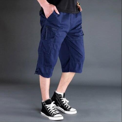 Male Shorts Multi Pocket Summer Loose Zipper Breeches Blue Gray Plus Size Short Pant Casual Cotton Black Long Mens Cargo Shorts