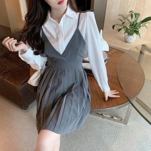 Casual Long Sleeve White Shirts Women Wild Lapel Blouse Tops High Waist Sling Pleated Dress Mini Fashion Sexy Preppy Style