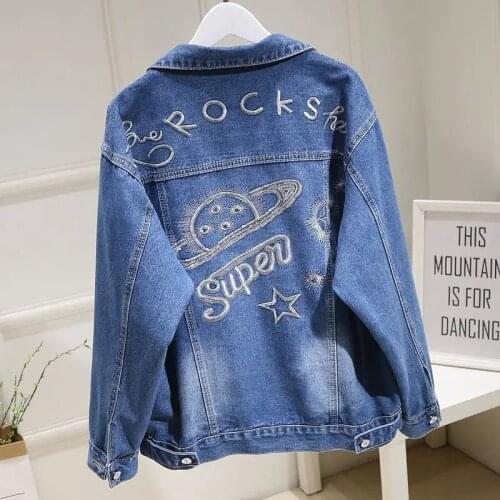Embroidered Sequins Vintage Blue Denim Jacket Women 2021 Spring Fall Casual Loose Long Sleeve Streetwear Oversized Jean Jacket