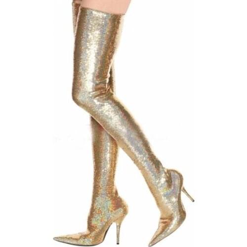 Drop Shipping Big Size 43 Woman Gold Sliver Stretch Bling Bling Pointed Toe Stiletto Heels Over The Knee Thigh High Long Boots