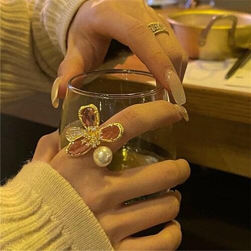 Luxury Fashion Temperament Pink Crystal Index Finger Ring For Women Flowers Open Zircon Pearl Adjustable Ring Jewelry Accessory