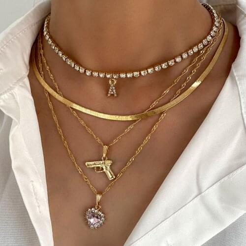 Flatfoosie Trendy New Heart Letter Crystal Pendant Necklaces For Women Multi Layer Golden Pistol Snake Chain Necklace Jewelry