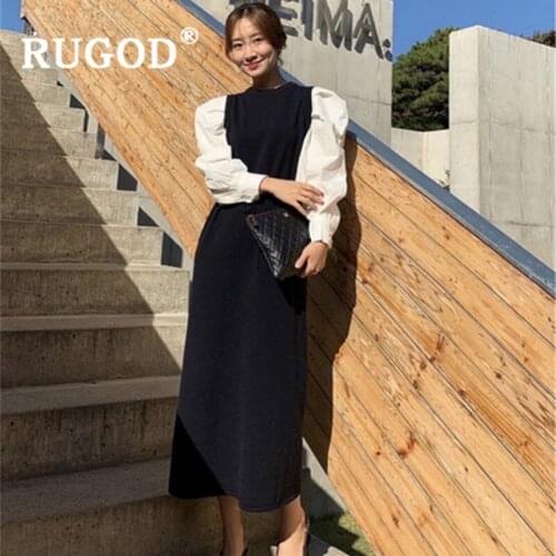 RUGOD Elegant office ladies patchwork long dress Fashion round neck puff sleeve cotton lace up winter dresses vestidos 2019
