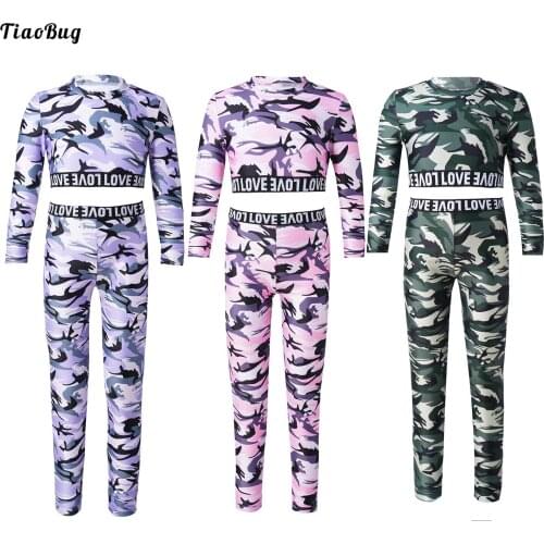 TiaoBug 2Pcs Kids Girls Camouflage Print Sportswear Round Neck Long Sleeves Letters Print Crop Top Pants Set For Running Yoga