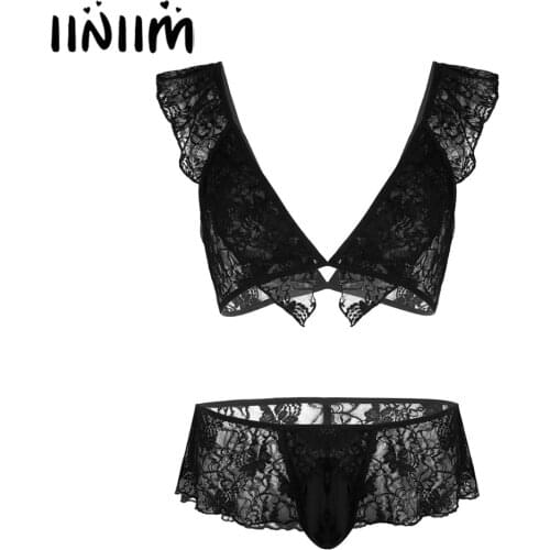 Iiniim 2PCS Men Lace Bikini Lingerie Set Sleeveless Sissy Bra Tops with Skirted G-string Thong Briefs Underwear Gay Sexy Panties