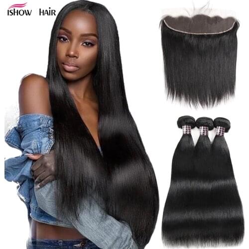 Ishow Brazilian Straight Hair Bundles with Frontal 100% Human Hair Bundles with Frontal Closure Hair Weave Bundles with Frontal