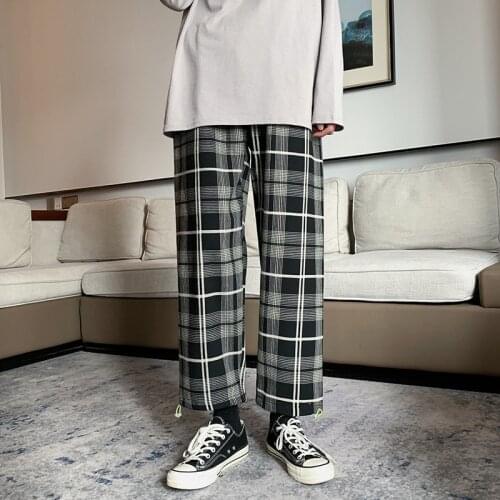 Plaid Casual Pants Mens Spring and Autumn Loose Straight Nine-point Drape Trousers Large Size Wide-leg Trend All-match Trousers
