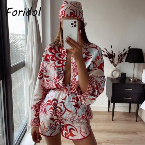 Foridol Print Red Shorts Set Women Vintage Beach Oversized Red Pant Sets Suits Wide Leg Two Pieces Matching Set Female Clothing