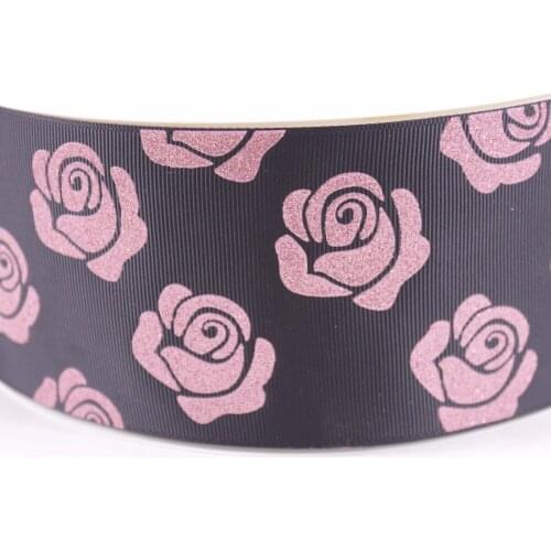 3" 75mm Rose gold glitter printed Flower rose grosgrain polyester ribbon gift wrap for Valentine accessaries 10Y and 50Y/lot