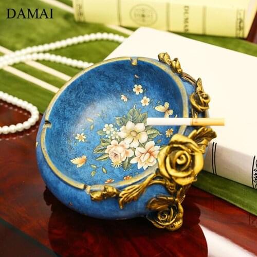 Painted Flowers Ashtray Nordic Retro Resin Bule Rose Ash Tray Golden Stroke Blue Demons Living Room Coffee Table Smoke Tray
