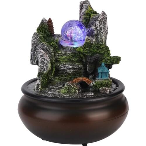 Tabletop LED Fountain Decoration with Crystal Ball / Bridge / Tower Rockery Indoor Resin Waterfall Ornaments EU US Plug