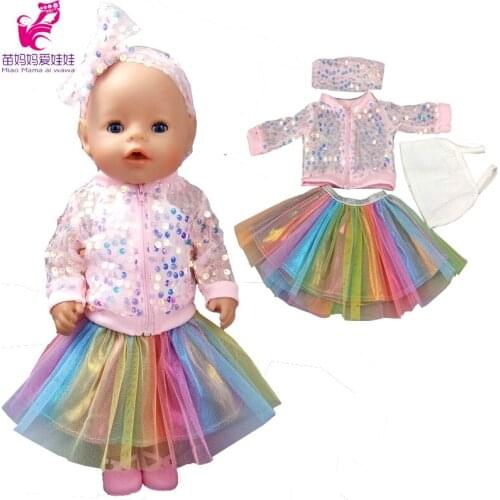 Baby Doll Clothes Pink Sequin Jacket 18 Inch American Og Girl Doll Winter Coat Camisoles Rainbow Dress
