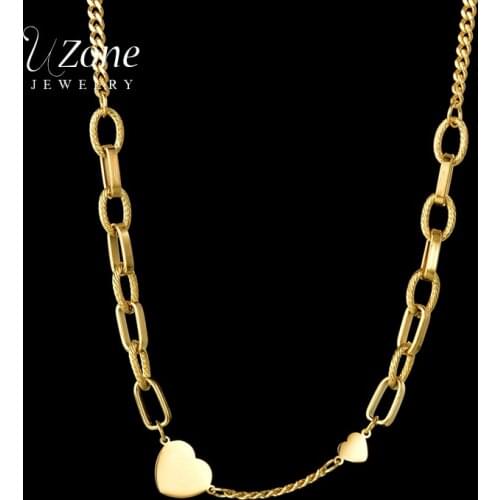 UZone Romantic Stainless Steel Double Heart Choker Necklace Gold Link Chain Necklaces For Women Girls Valentines Day Gift