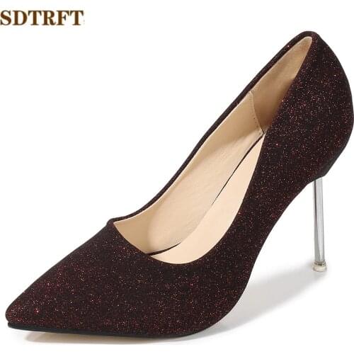 SDTRFT zapatos mujer Stiletto female Fashion OL work 10cm thin high heels Shallow bridal Sequins shoes woman Pointed Toe pumps