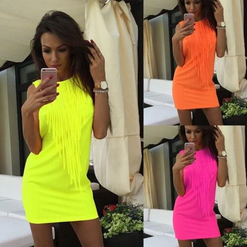 Sexy Women Fluorescent Color Dress With Tassel Front Fringe Party Dress Sukienka Elegant Pencil Hipster Neon Dress Sleeveless Xl