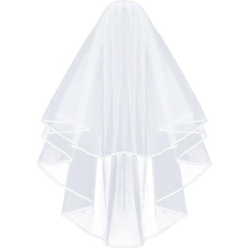 Simple and Elegent Wedding Veil Bridal Tulle Veils with Comb and Lace Ribbon Edge White Ivory