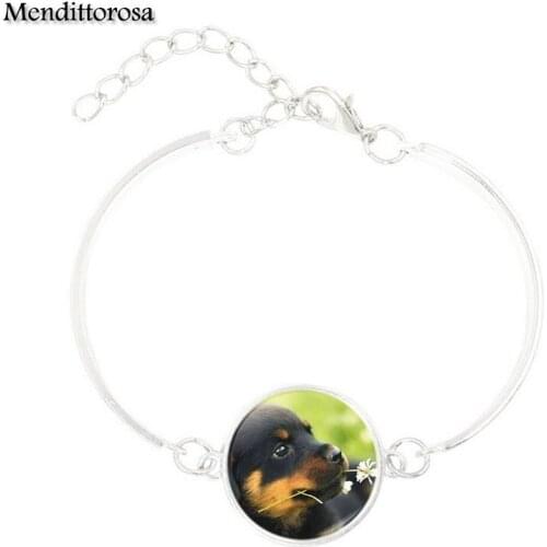Mendittorosa Pet Dogs Labrador Bulldog Poodle Vintage Fashion Glass Black Leather Bracelet Bangles Jewelry Handmade For Girl