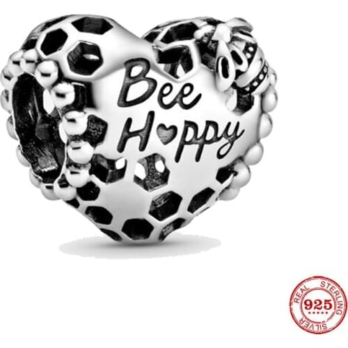 Hight Quality 925 Sterling Silver Beads Bee Happy Love Heart Charm Fit Original Pandora Bracelets Women DIY Jewelry Making