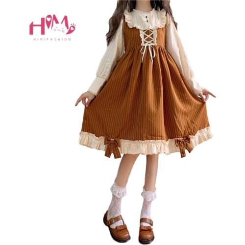 Japanese Lolita Cute Dress for Teen Girls Women Sweet Vintage Ruffles Collar Kawaii Cosplay Lace Soft Sister Style Loli Dress