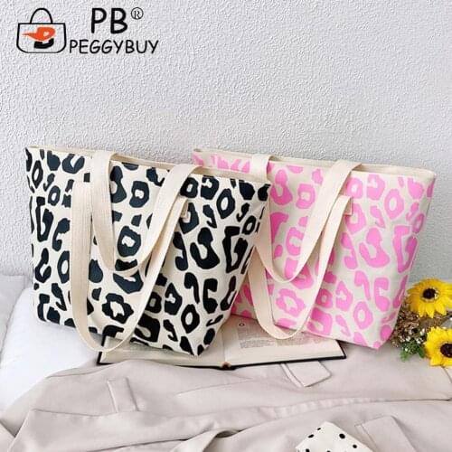 Female Shoulder Bag Fashion Leopard Pattern Printing Canvas Zipper for Women Sweet Girl Casual Shopping Handbag