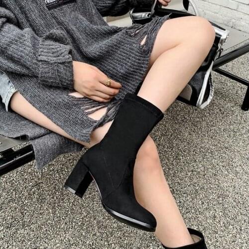 Faux suede soft warm fleece inside womens ankle boots slip-on socks booties block high heels leopard stretch boots woman size 43