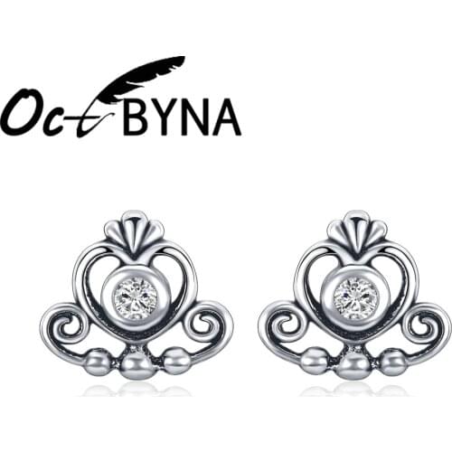 Octbyna Fashion Silver Color Crown Clear Sparkling Zirconia Stud Earrings For Women Fashion Wedding Earrings Fine Jewelry Gifts