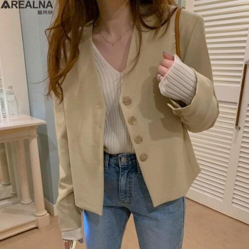 New 2021 spring Womens Blazers V-Neck Casual Buttons Jackets Vintage Wild Lady Oversize Short Tops fashion coat blazer femme