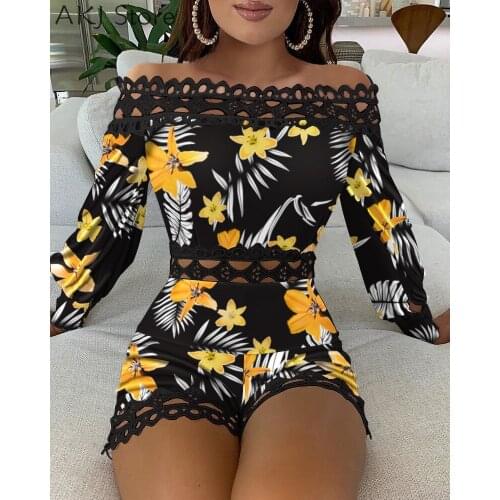 Women Off Shoulder Floral Print Lace Patchwork Hem Romper