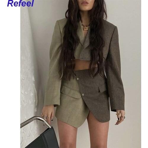 Fashion Women Vintage Patchwork Crop Blazer Mujer Notched Collar Single Button Suit Outerwear Autumn Chic Tops