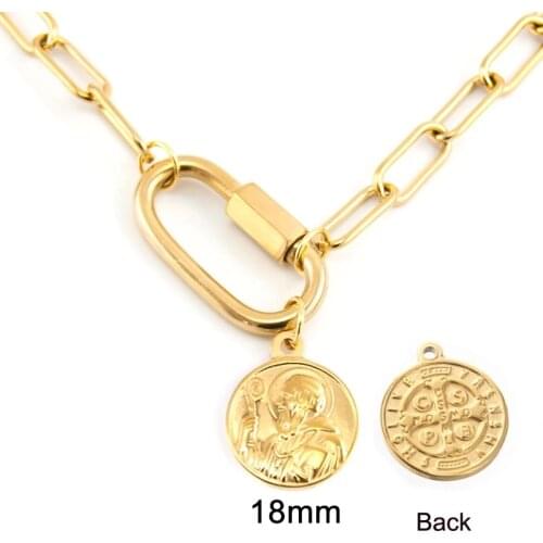 100% Stainless Steel Lock St. Benedict Coin Necklace For Women Gold/Silver Color Metal Carabiner Coin Chunky Chain choker