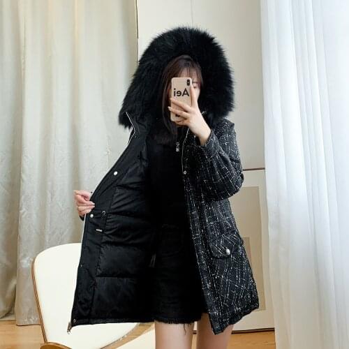 2021 Autumn Winter Big Fur Collar Hooded Down Jacket Mid-length Woman Parkas Korean Plus Size Coats Drawstring Slim Giacca Donna