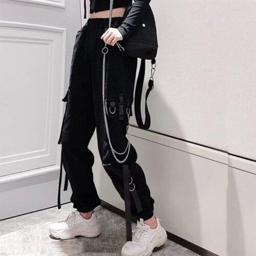 Womens Cargo Pants with Chain Woman Overalls Hip Hop Fashion Harajuku Pants Korean Loose BF High Waisted Harem Pants Sweatpants