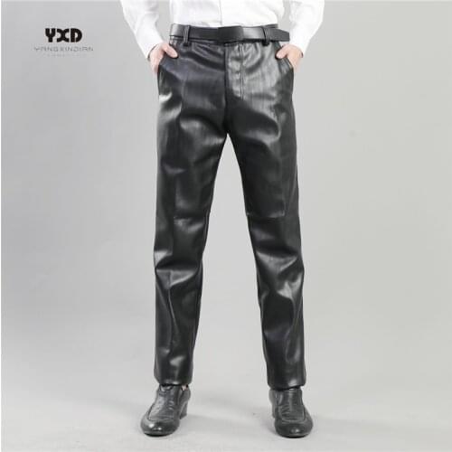 Men‘s Leather Pants for Man Imitation Cowhide Baggy Straight Trousers Male Fashion Loose Locomotive Stretch PU Pants Moto Trouse