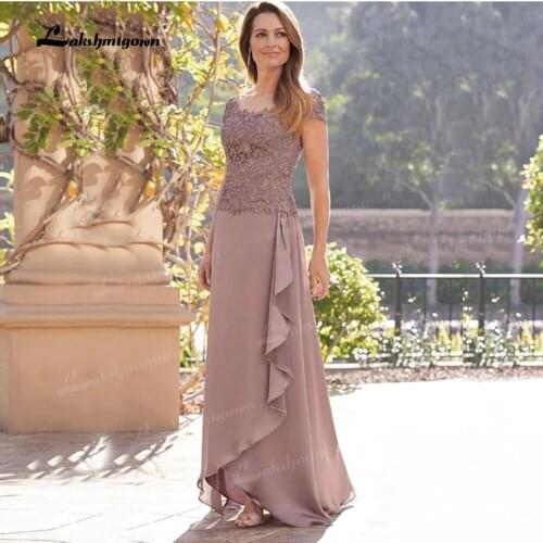 Elegant Sheath Dust Rose Chiffon Lace Top Short Sleeve Mother Of The Bride Dresses Jewel Neck Mother Of The Groom Gowns Back Out