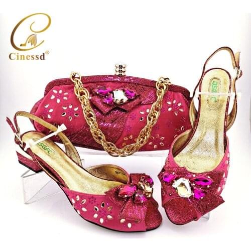 Fashionable New Coming Mature Style African Women Shoes and Bag Set in Fuchsia Color Leisure Lady Sandal for Party