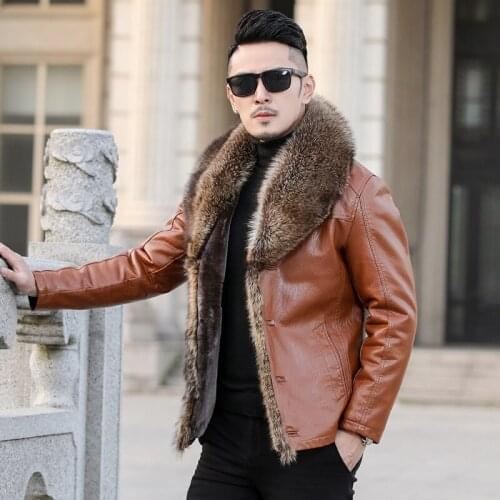 Mens Leather Wool Liner Jacket Fur Collar Coat Casual Men Coats Winter Outwear Big Size S-6XL D031