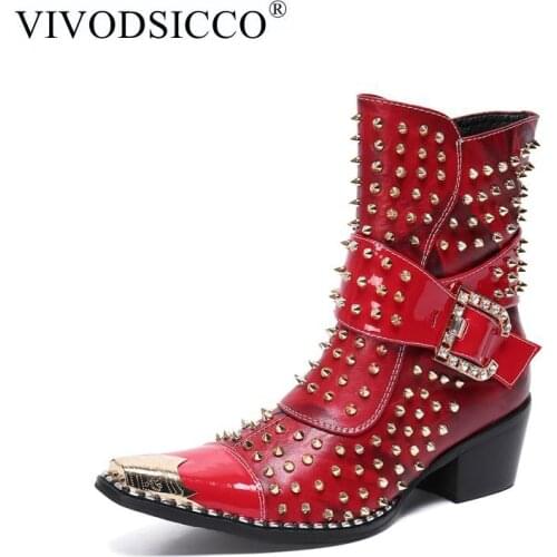 Punk Style Leather Men Shoes Military Cowboy Ankle Boots High Rubber Boots Metal Pointed Toe Lace Up Buckle Rivets Shoes Men