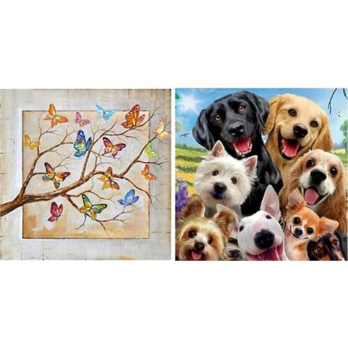 2 Set 5D Diamond Painting Cross Stitch Home Decoration, Butterfly Tree & Dog