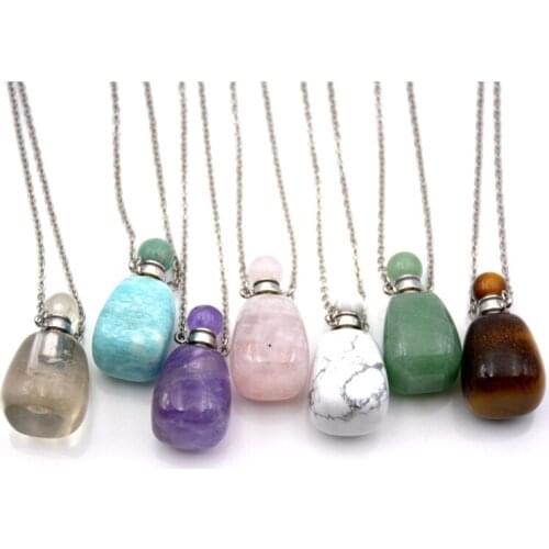 Natural gems stone Perfume Bottle Pendant Amethysts rose quartzs crystal lapis Essential Oil Diffusercute columnar vials