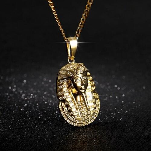 Punk Stainless Steel Iced Out Zircon Necklaces For Men Egyptian Pharaoh King Pendant Necklace Hip Hop Gold Chain BFF Collier